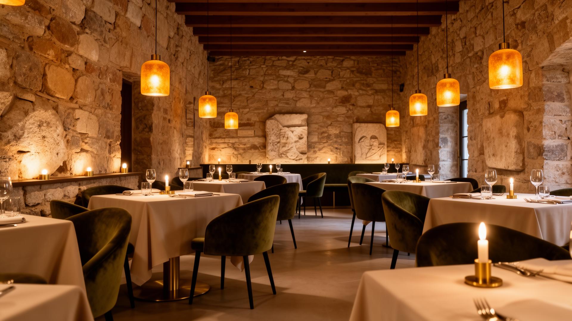 Interior dining room with stone walls and warm amber lighting