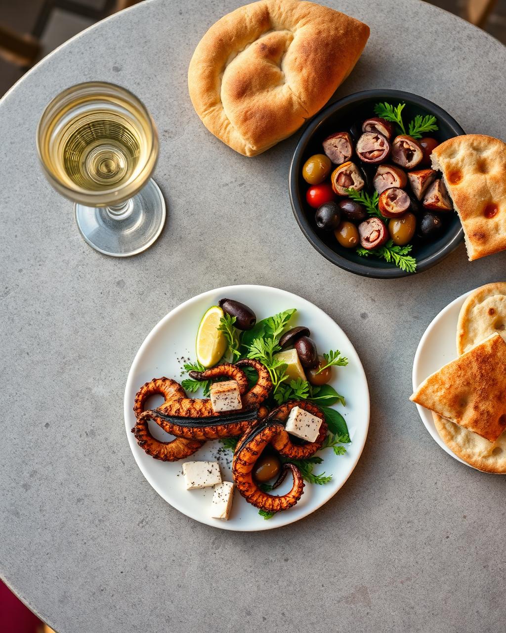 Greek mezze and white wine