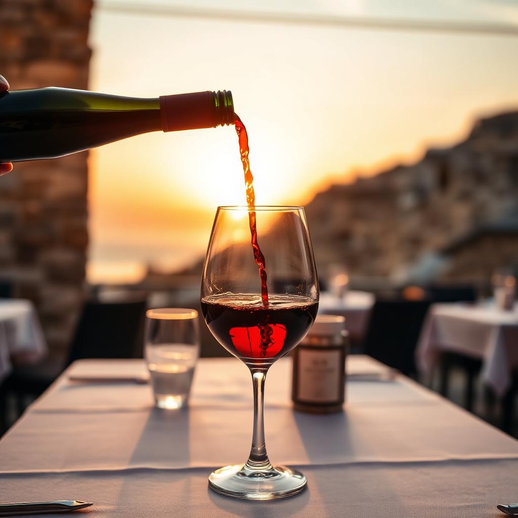 Red Greek wine being poured at sunset